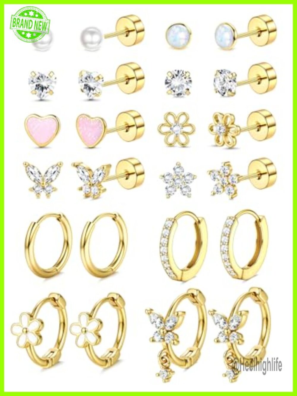 Hypoallergenic Flat Back Stud Earrings 14K Gold Plated Surgical Steel Set